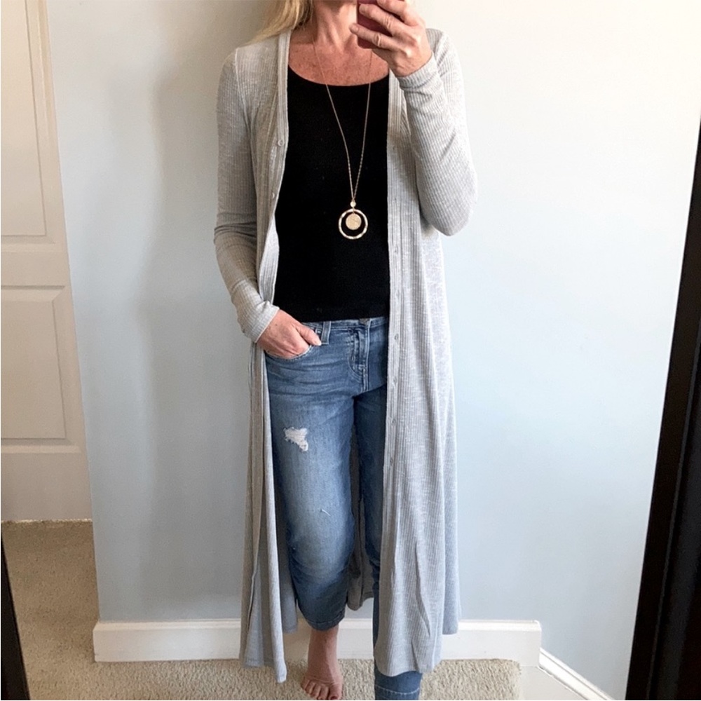 Ribbed Texture Long, V Neck Button Front Cardigan